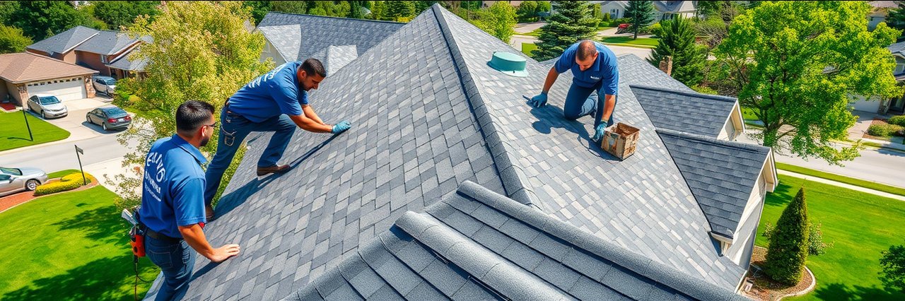Experienced Roofing Company in Kingston GA team installing shingles on suburban home.