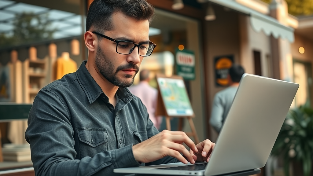 small business owner updating local business listing with digital map interface in cozy shopfront