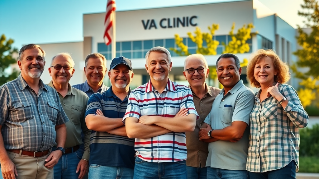 Group portrait of U.S. veterans outside VA clinic celebrating successful secondary claims