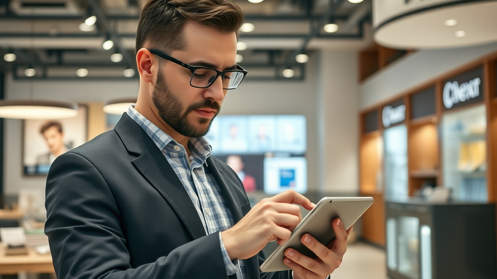 business owner updating business profile to drive foot traffic to retail store, tablet in use, digital displays, modern retail shop