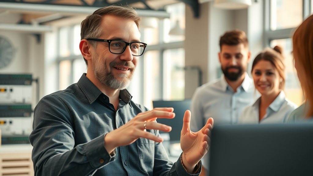 local business owner discussing digital local networking with staff