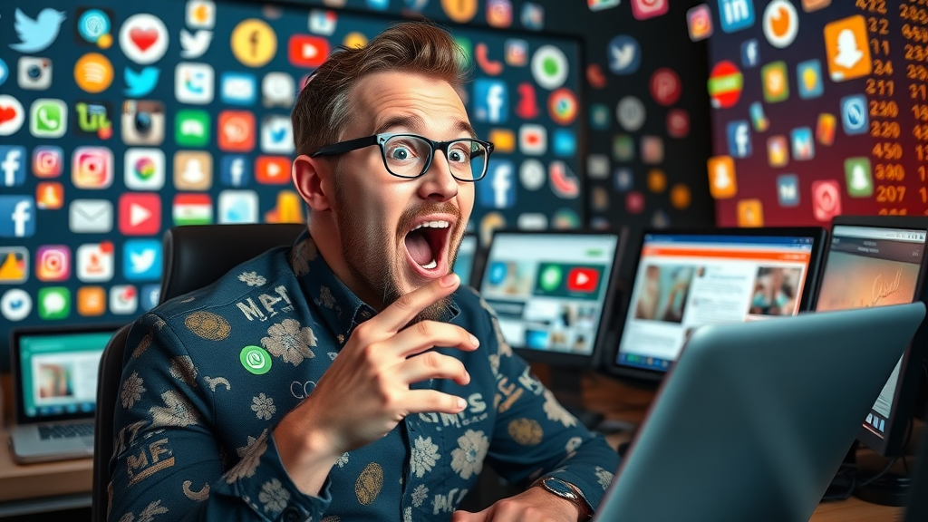 creative social media marketer scheduling posts on multiple devices in a vibrant command center