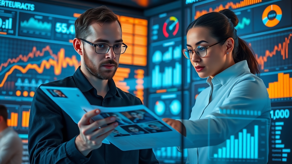 An analytical marketing team reviewing charts and digital dashboards, discussing key metrics for measuring brand equity growth.