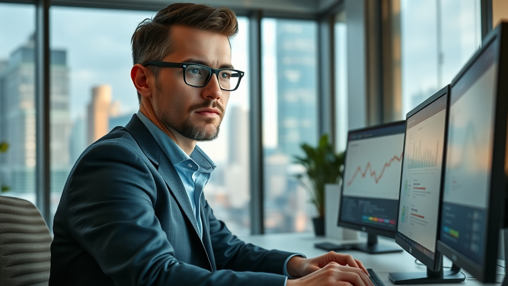SEO techniques: digital marketing strategist analyzing SEO data in modern city office, glowing screens, confident posture