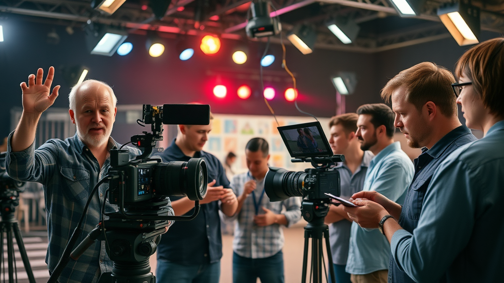Creative video production crew directing a commercial shoot, focused and innovative, setting up cameras and lights, Cinematic, production studio environment with professional equipment, highly detailed, movement of crew, layered lighting, vibrant colors, illuminated with studio lights, shot with a wide-angle lens. Video ad production.
