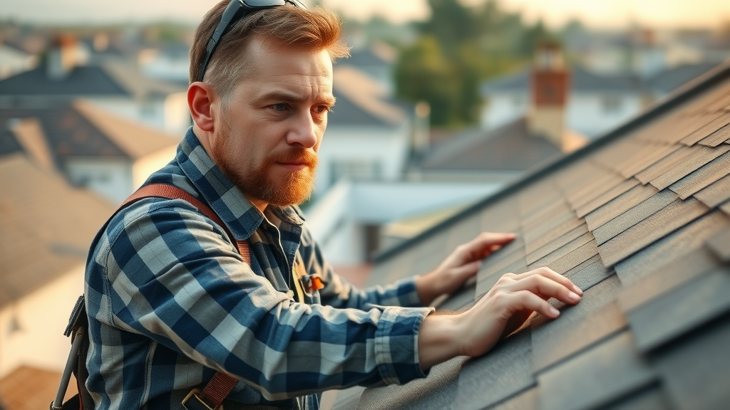 Experienced professional roofer performing roof maintenance inspection on residential roofing, tools and harness visible