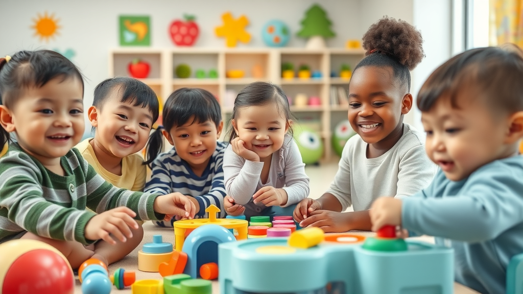vibrant modern daycare center with diverse children engaging in early learning and collaborative activities, bright classroom, interactive toys, and educational decor - daycare trends
