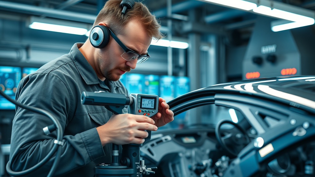 technician using digital measuring tools and advanced machinery for auto body repair in high-tech facility