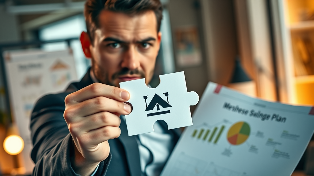 marketing professional holding logo puzzle piece over a business plan in creative office with brand diagrams