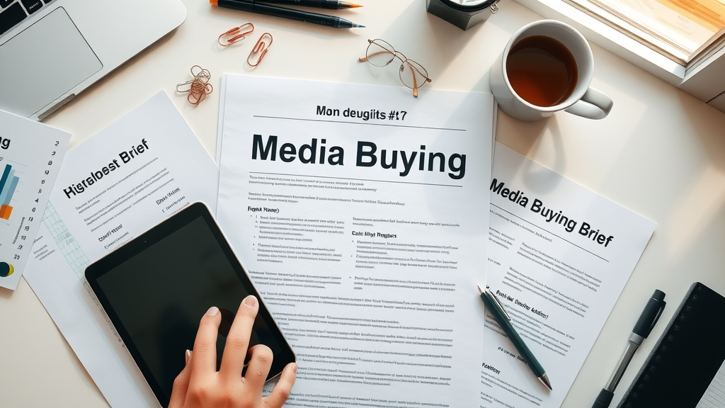 digital and print media buying brief document on desk, modern workspace with coffee mug and tablet