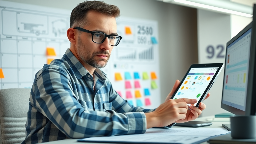 Contractor organizing a content marketing calendar for blog posts to build trust in their community. Modern office, blueprints, digital screens, and sticky notes in bright white light.