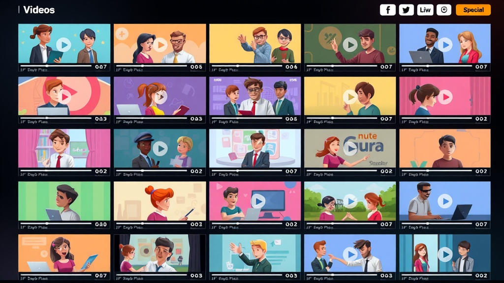Diverse video content thumbnails representing educational, promotional, and explainer video formats, creative display for online and social media video creation
