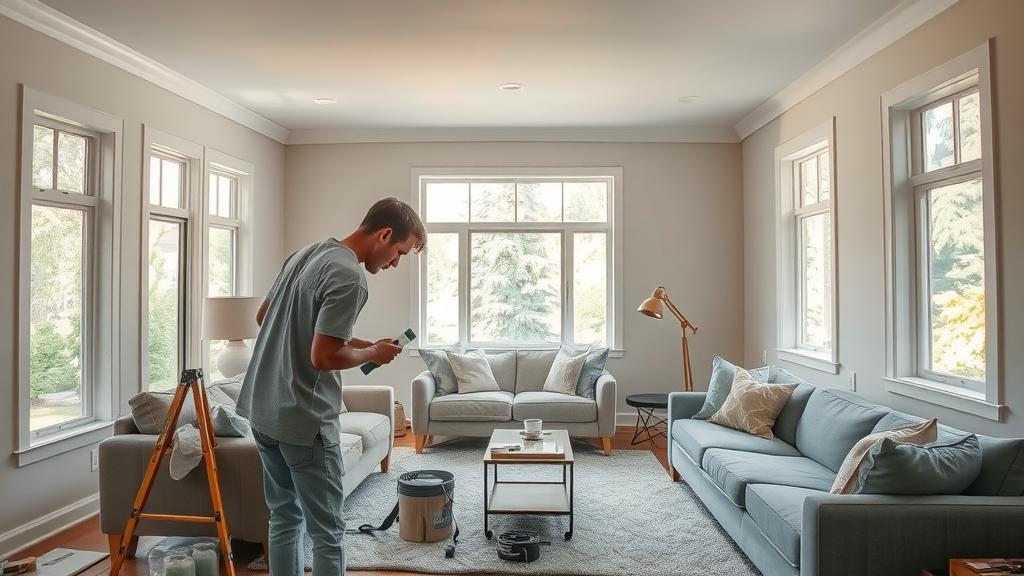 inviting Spokane living room mid-interior house painting, painter prepping surfaces, soft green home paint, natural sunlight, painting project in action
