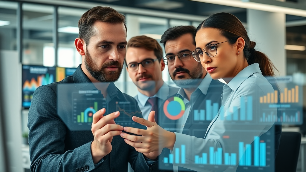 video marketing analytics dashboard business team analyzing graphs modern office