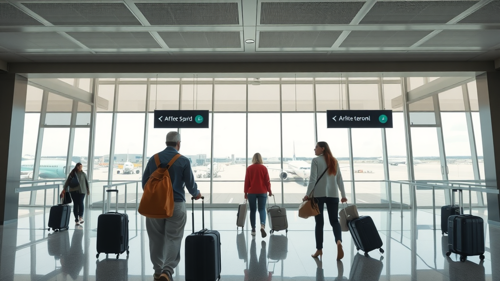 Tourism industry infrastructure - sleek airport terminal with travelers and large windows