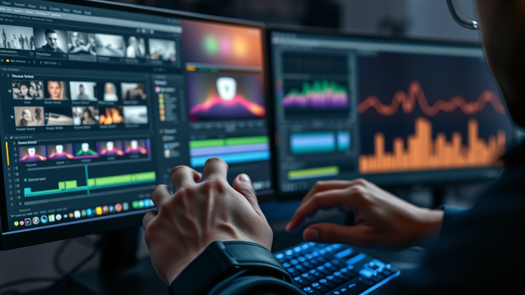 Hands editing video content on professional software in dual-monitor setup, content creation workflow in a modern editing bay