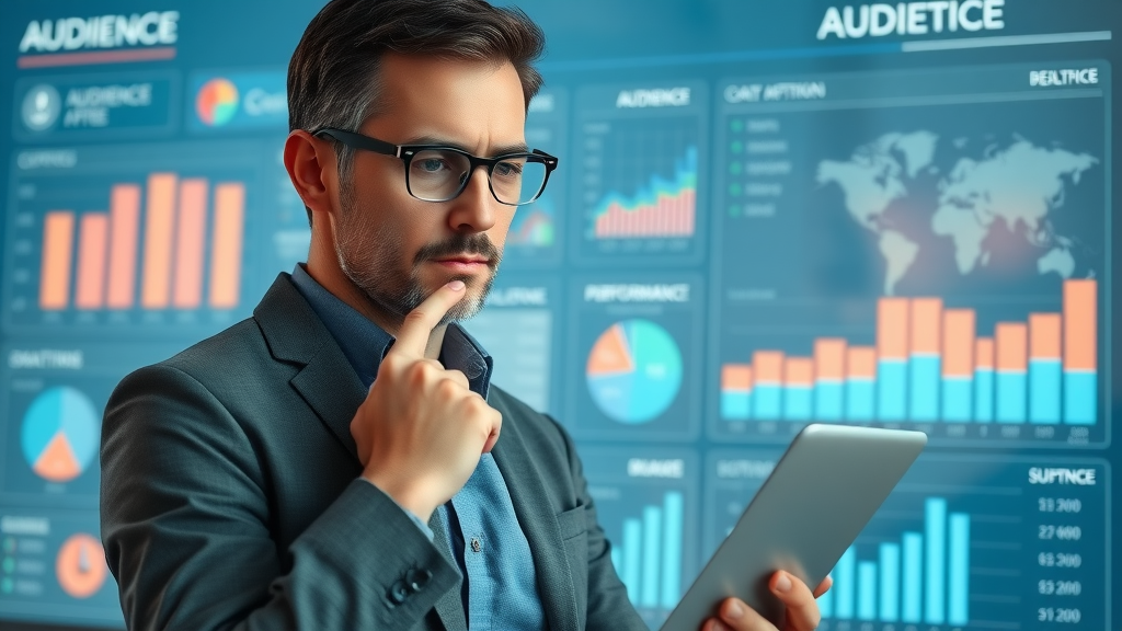 Marketing professional analyzing audience segmentation for paid traffic strategies, digital dashboard visualization for targeting