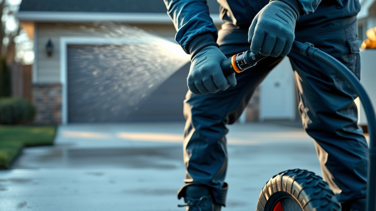 Individual wearing full safety gear, ready to use pressure washer, showing gloves, goggles, ear protection