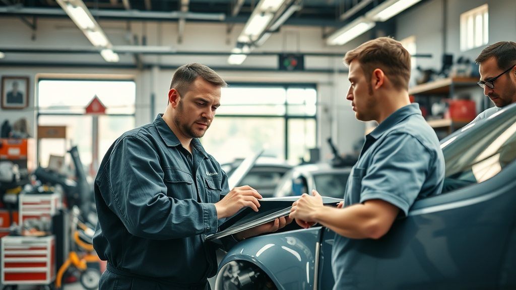 realistic auto body shop interior with mechanics assessing a damaged car - auto body repair cost