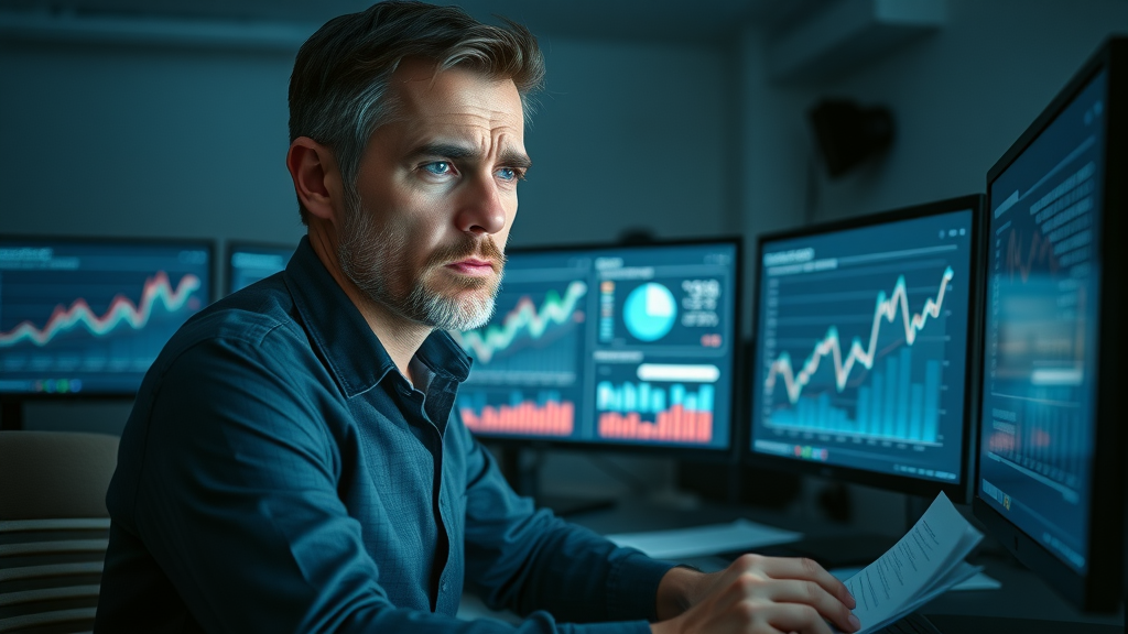 Marketing executive analyzing negative brand analytics on digital metrics, brand awareness