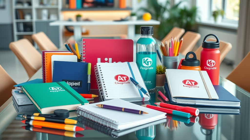 Dynamic assortment of custom branded merchandise arranged on office table to maximize marketing impact