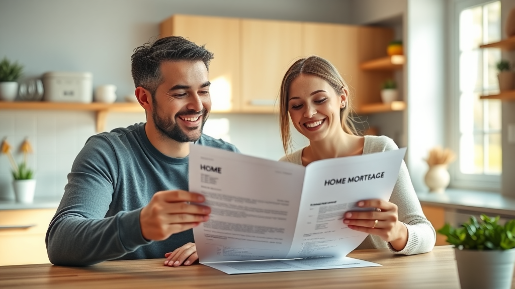 Confident young couple reviewing mortgage acceleration documents in bright, modern kitchen.