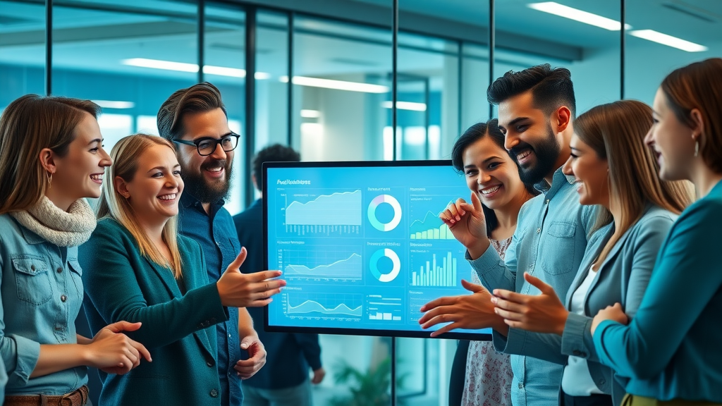 Energetic group of diverse digital marketers reviewing analytics and brainstorming ideas with a digital dashboard in a modern office - digital marketing tips