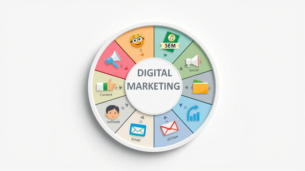 modern wheel graphic displaying eight digital marketing channels: SEO, SEM, content, social, email, affiliate, influencer, video