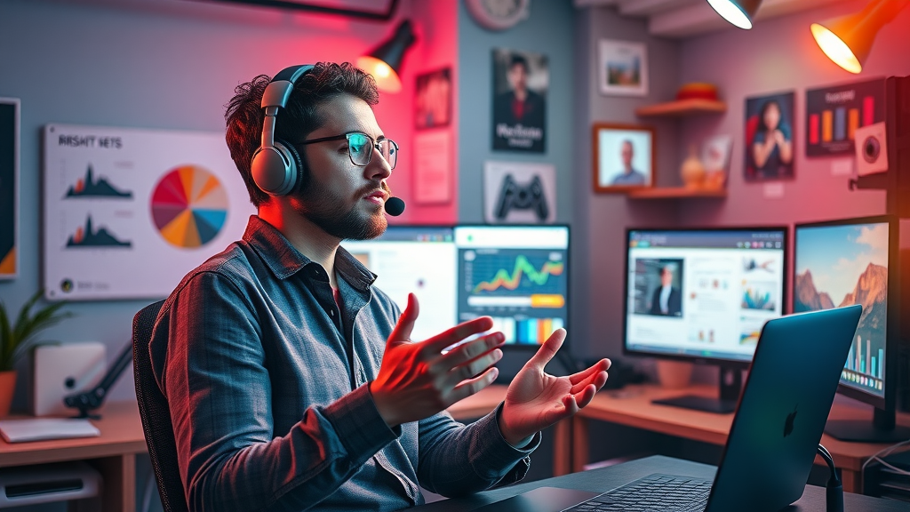Creative marketer repurposing blog content into podcasts, infographics, and short videos across multiple digital screens