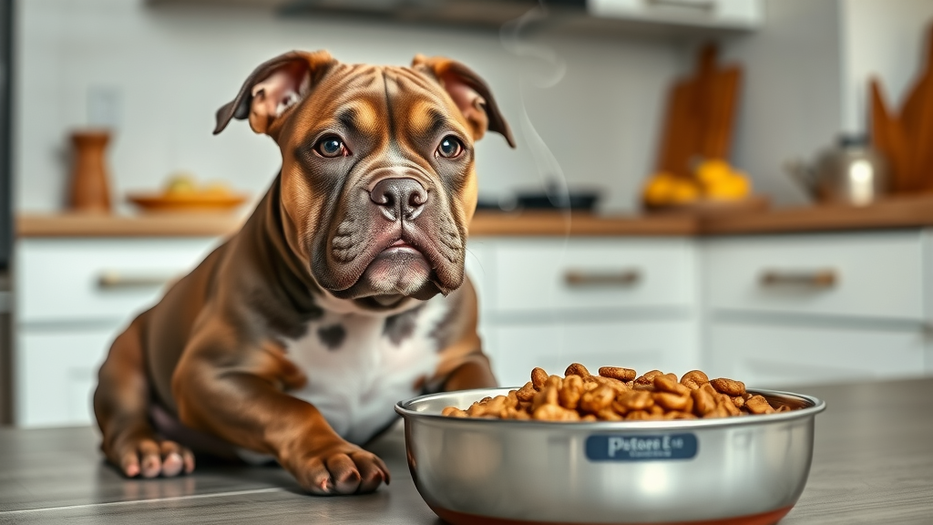 inviting, well-balanced dog meal in a premium bowl, enthusiastic pit bull puppy waiting patiently, photorealistic high fidelity lifelike, clean kitchen background, highly detailed, steam rising from fresh dog food, rich natural color, even indoor lighting, shot with a macro lens. best diet for pit bull puppies