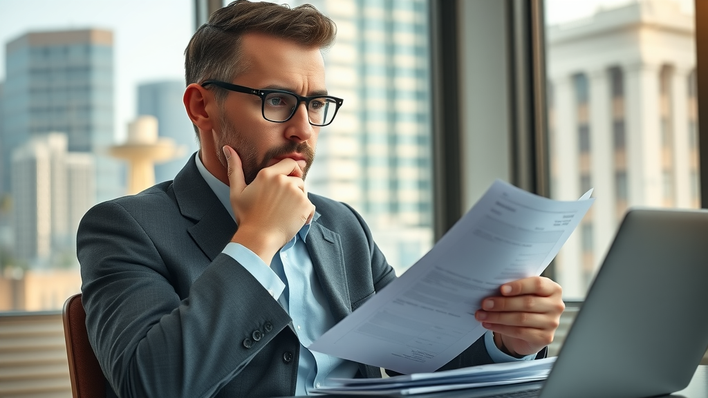 thoughtful business owner reviewing hiring decisions and candidate profiles for fractional chief marketing officer in office with city skyline