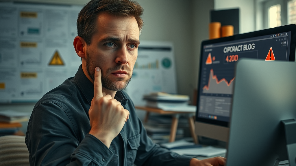 Concerned contractor reviewing underperforming blog metrics for building trust in their community. Cinematic office with warning symbols and cluttered documents.