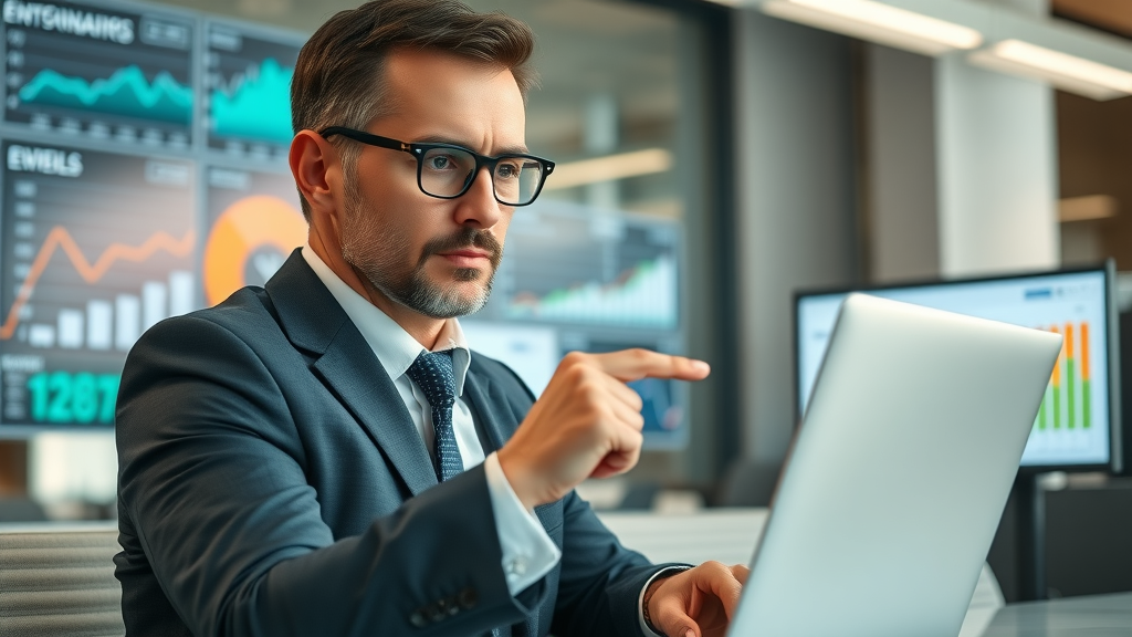 Professional businessperson reviewing email marketing campaign ROI data on a laptop, focused on rising conversion graph, corporate office setting, natural daylight