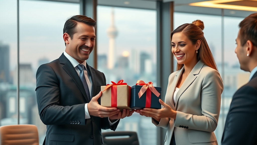 Sleek corporate gifting ceremony with executives exchanging branded gift boxes