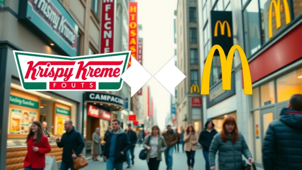 Krispy Kreme and McDonald’s logos with diverging arrows in a dynamic urban fast food environment, infographic style.