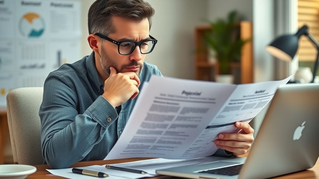 Thoughtful business owner reviewing marketing strategy consultant portfolios and consulting proposals