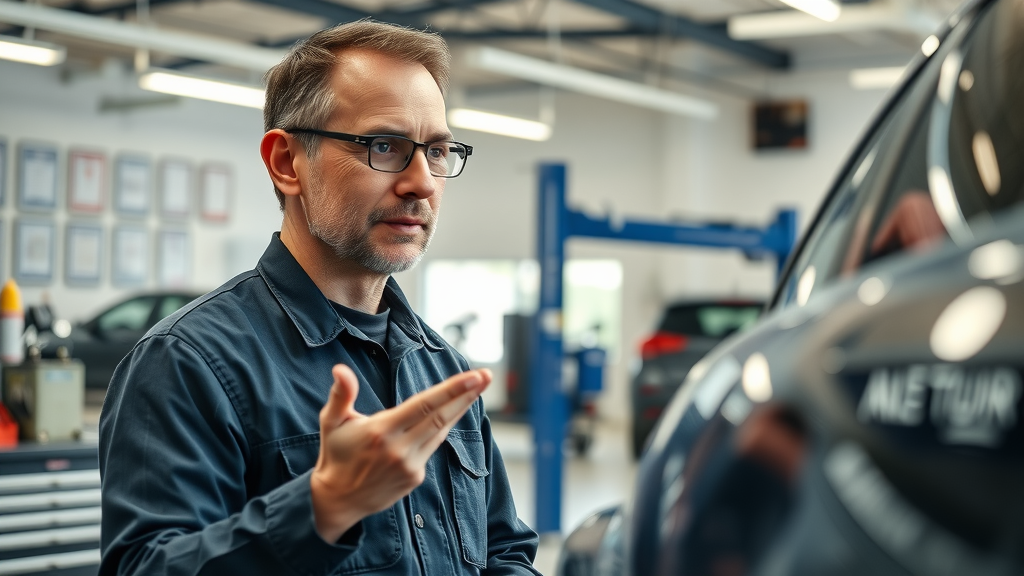 Modern auto repair shop technician advising driver, clean workspace