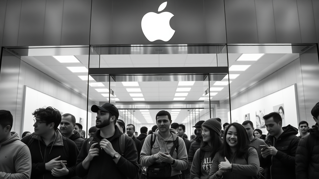 Excited Apple fans waiting outside the iconic Apple Store, exemplifying brand loyalty and the business value of positive brand equity.