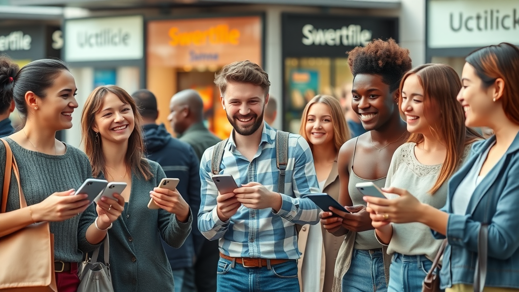 diverse group of consumers engaging with branded products in a vibrant shopping district, brand strategy