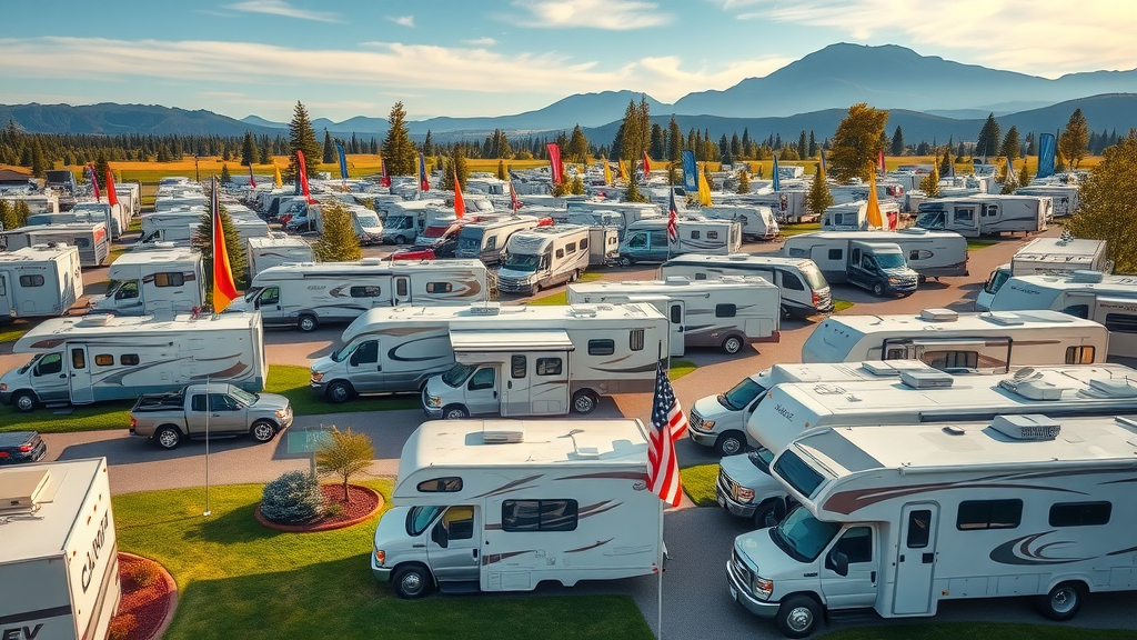 Spacious modern RV park showcasing diversity in RV sizes with a scenic mountain backdrop, illustrating the future of RV parks