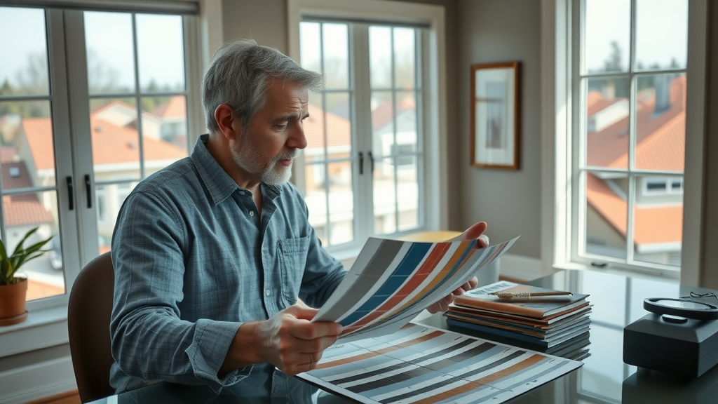 thoughtful homeowner examining roofing material samples and color swatches for roof design in a home office with windows overlooking neighborhood roofs.