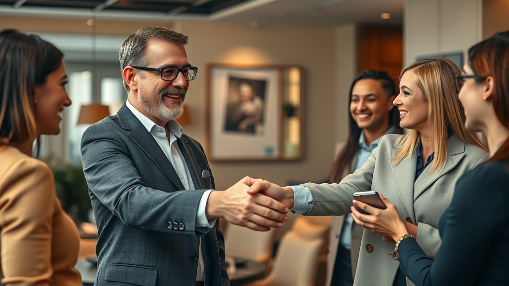Successful high-end coach shaking hands with ideal clients after front-end offer