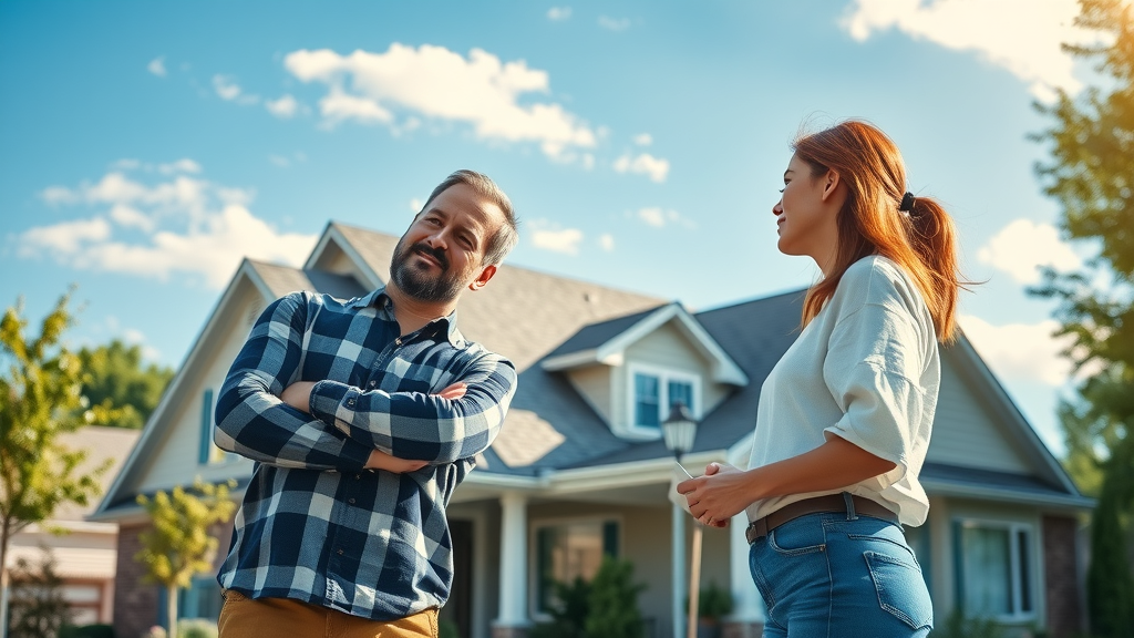 modern suburban home with pristine new roofing materials and confident homeowners inspecting the roof. Lush landscaped background under blue sky and sunlight.