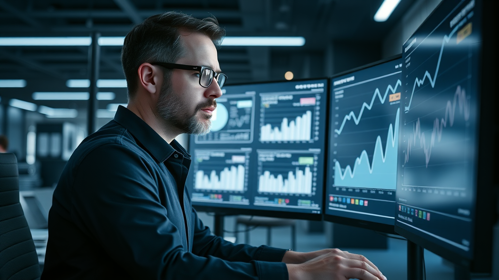 marketing analyst using digital dashboards to review content marketing performance, key metrics, blue LED night office
