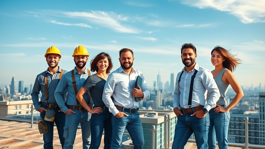 Certified roofing contractor team on finished roof with city skyline