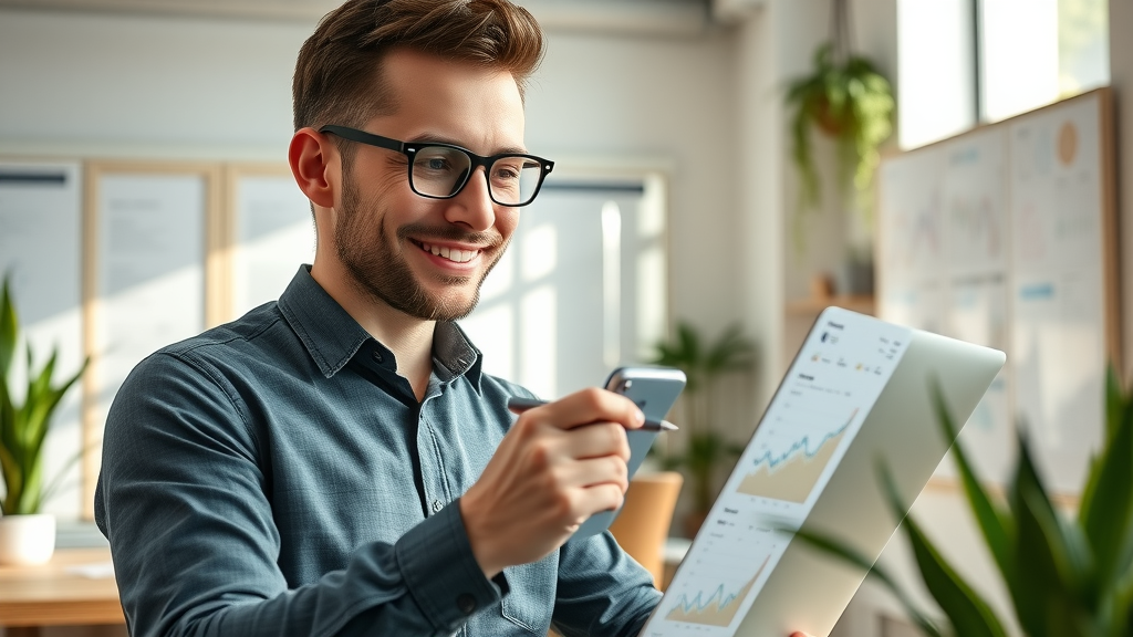 marketer optimizing digital marketing campaign using real-time paid traffic analytics, taking strategic notes, modern workspace