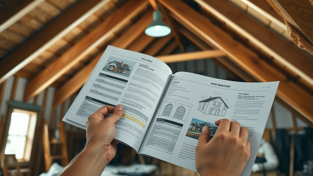 roof inspection report transparency and thoroughness, illustrated pages and documentation, photorealistic home attic