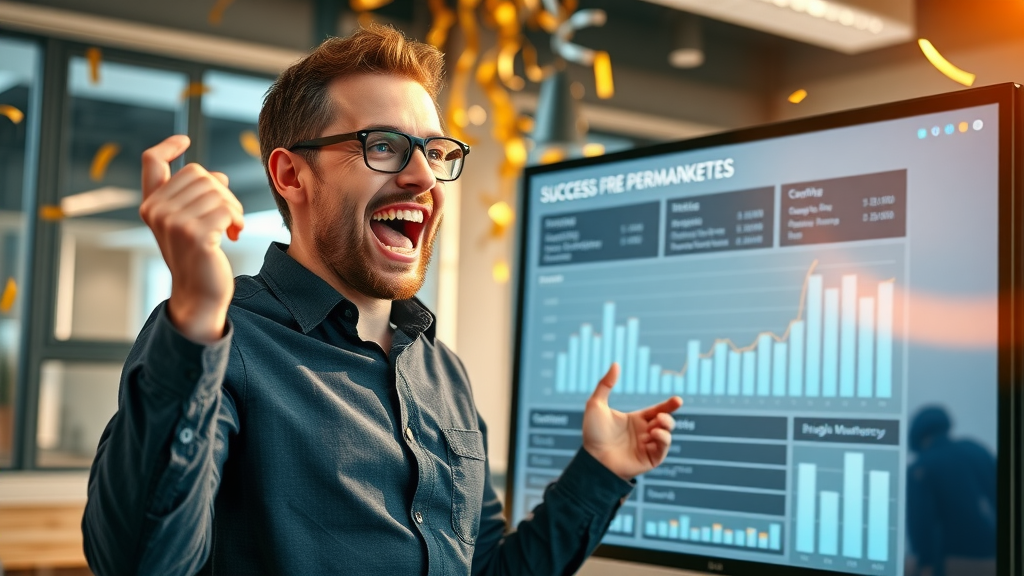 Celebrating media campaign effectiveness - marketer reviewing campaign success summary