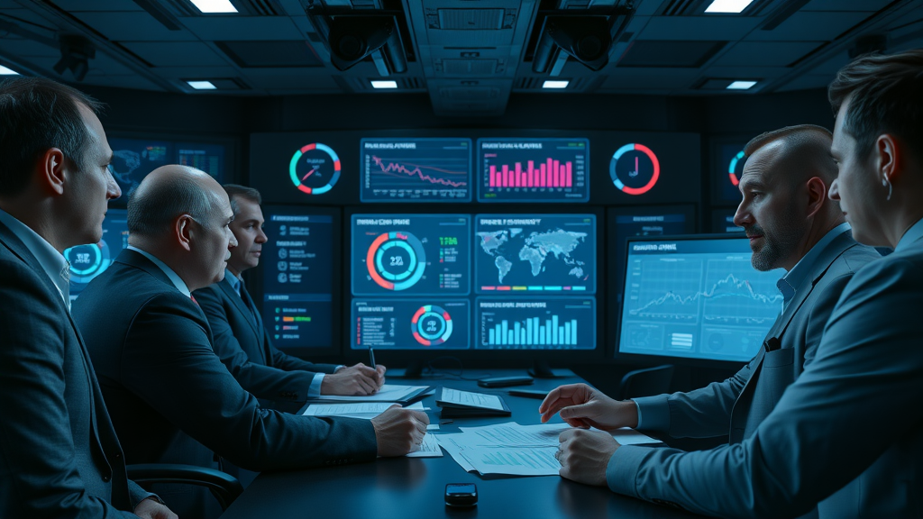 cautious executive team reviewing risk reports and cybersecurity in a shipyard boardroom