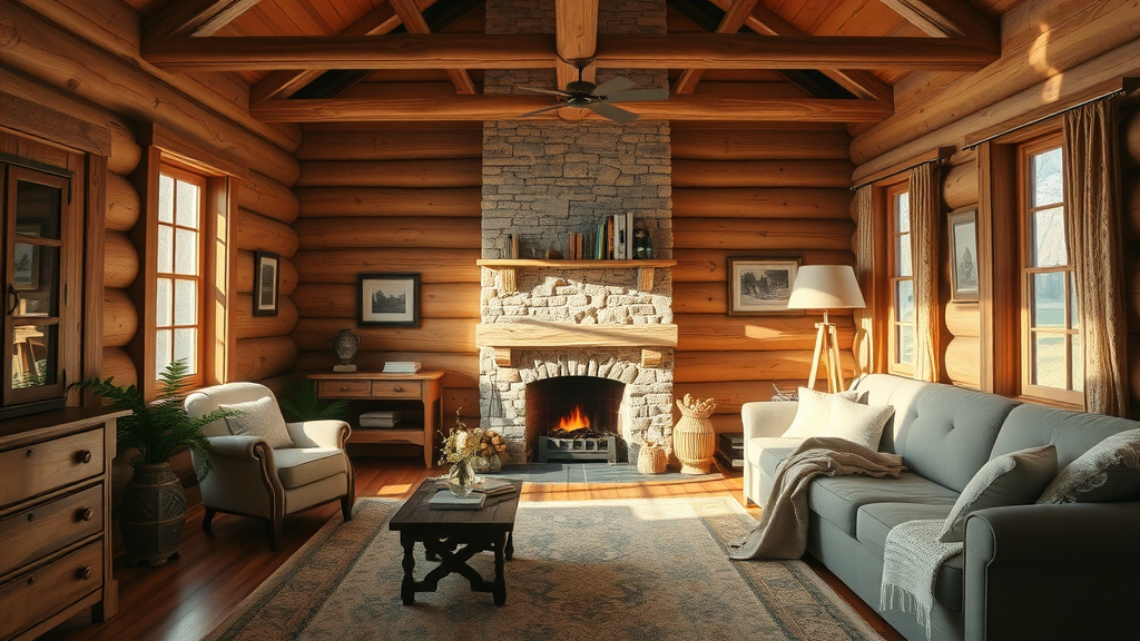 Cozy well-maintained log home interior, polished wood, vintage furniture, fireplace, soft natural lighting, cedar log aesthetic, wide angle lens